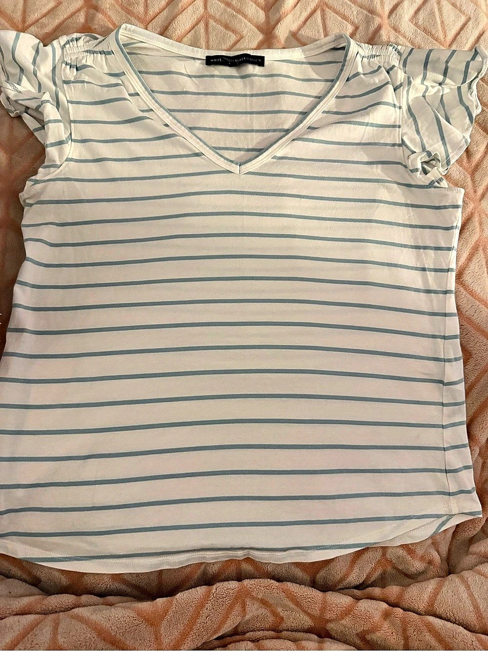 White House Black Market Striped V-Neck Top in White & Blue Size Large - Picture 1 of 4